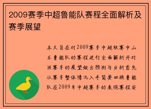 2009赛季中超鲁能队赛程全面解析及赛季展望