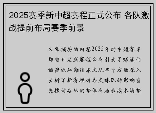 2025赛季新中超赛程正式公布 各队激战提前布局赛季前景