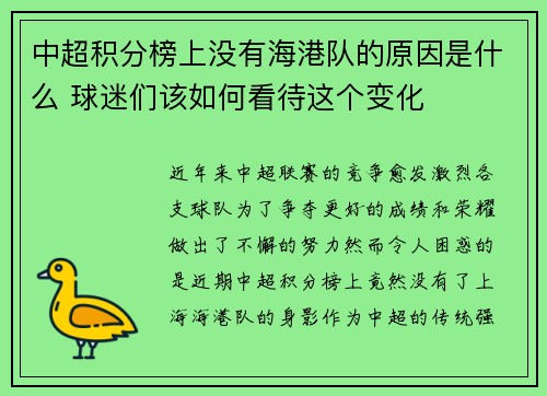 中超积分榜上没有海港队的原因是什么 球迷们该如何看待这个变化